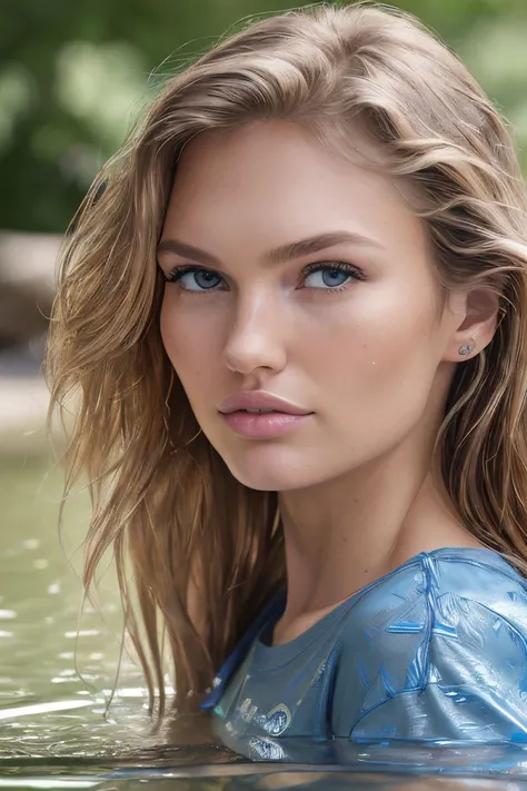 closeup headshot of S182_RomeeStrijd,a beautiful woman,in a (pond:1.1),wearing a (t-shirt:1.2),(8k, RAW photo, best quality, depth of field, ultra high res:1.2),(absurdres, intricate, photorealistic, masterpiece, ultra-detailed:1.3),