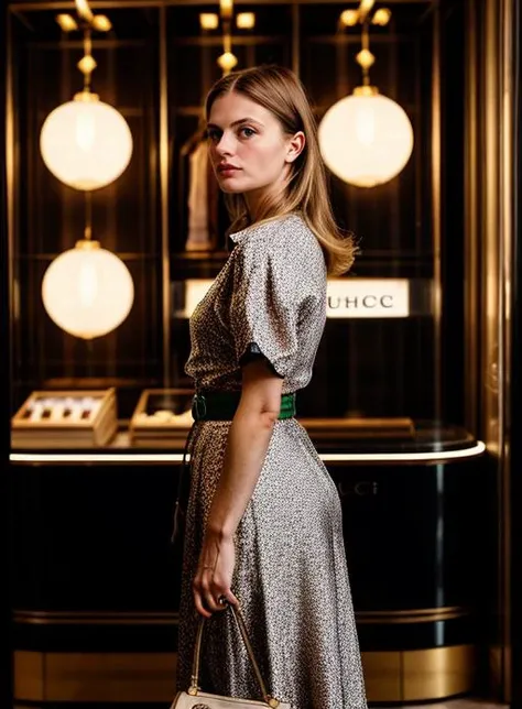 [Color closeup] photo of a  [38 yo  Lithuanian Slovak woman], [side view], standing very still(Gucci style shop)], [steadycam], (background beautiful bokah), [liminal flouresnt  and incandescent lighting], [high camera angle], wide angle lens], in the style of [Romanric Comedy s]
 <lora:BetterHands:22> <lora:HDhelper:0.4> <lora:Better Portrait Lighting:0.5> <lora:EmotionSliders:0.5> <lora:MoreDetails:0.4> <lora:Polyhedron_Skin:0.13>