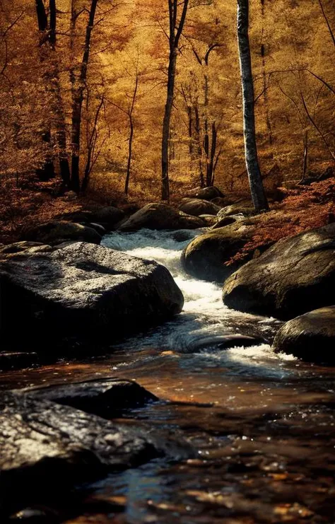 [Contest] photo of a [colorful Fall forest in upper Michigan],[sunshine shines intowater and forest floor][after rainfall wet leaves and rushing water], [breathtaking stone and landscape], [maple, oak, birch, pine], [ideal morning sunshine], [movie atmosphere], [dramatic camera angle], [medium format bellows camera], in the style of [Ansel Adams][post-processing: oversharpen, expert dodge and burn, ISO 400 color film noise, corner darken vignette]