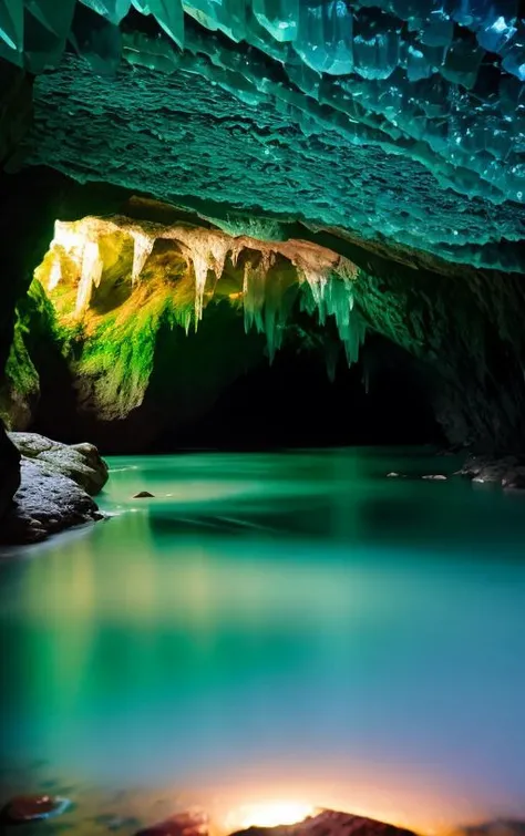 floor level photo within Naica Crystal Cave in Mexico, asymmetric cave viewing the largest most spectacular crystals in many colors,  rustling waters after heavy rainfall [rushing  underground waters] [perfect natural lighting conditions] with a feeling of splendor and humility [long exposure on wide format bellows camera] [rays of sunshine on the crystal cave floor] [surreal beauty] with true film high dynamic range award winning, legacy artwork, 8k [post-processing: adjust curves to "S", unsharp mask .25, dodge and burn, dark edge vignette]