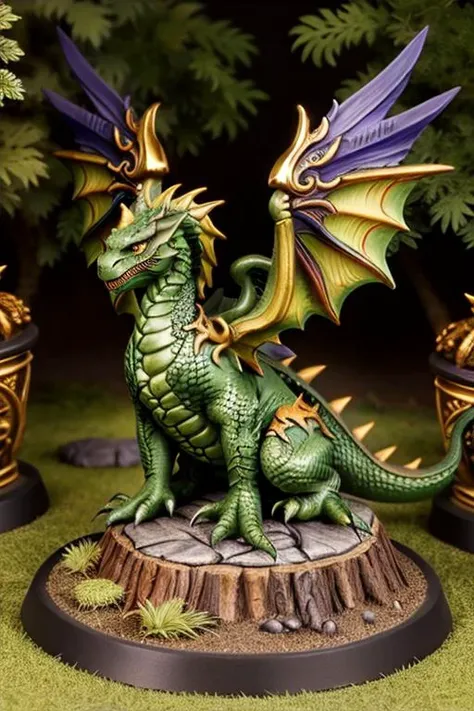a painted miniature of a green dragon on a base, dragon wings, in a forest, forest background, pmini style, monster design, studio lighting, (extremely detailed 8k wallpaper), Intricate, High Detail figurine, Sharp focus, dramatic, photorealistic art <lora:paintedMiniature_v35:0.6>