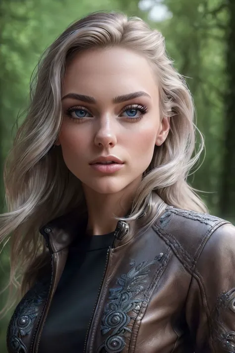 closeup headshot of S092_NienkeVanSchijndel, a gorgeous woman, blonde, (shy:1.2), in a (forest), wearing a (leather-jacket:1.1), (8k, RAW photo, best quality, depth of field, ultra high res:1.2), (absurdres, intricate, photorealistic, masterpiece, ultra-detailed, Unreal Engine:1.3)