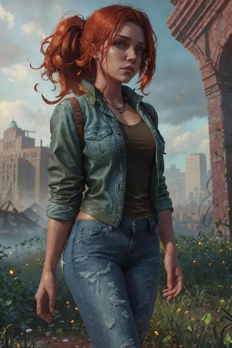 zrpgstyle post-apocalypse fallout 4 RPG character painting running zombie horde ginger hair upsweep updo thin woman wearing black backpack (denim jacket jeans tshirt:1.2) searching an abandoned building indoors overgrown ruins vines ivy in an (abandoned city:1.1) (red brick buildings:1.2) blue sky (bright morning light:1.1) (windy dust volumetric lighting foggy:1.1)
(masterpiece:1.4) (best quality:1.4) (8k) (HDR) (wallpaper) (cinematic lighting) (sharp focus) (intricate) <lora:AZovyaRPGArtistToolsLORAV2art:0.9>
