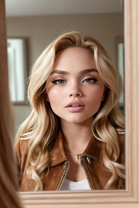 closeup headshot of S015_NatAlynLind_v2, a stylish woman, in front of a (mirror-wall:1.2), wearing a (suede-jacket:1.2), (8k, RAW photo, best quality, depth of field, ultra high res:1.2), (absurdres, intricate, photorealistic, masterpiece, ultra-detailed:1.3)