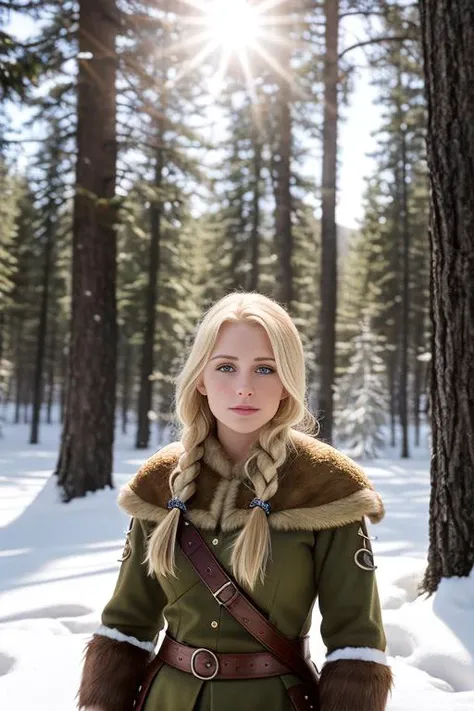 blonde girl, viking cosplay, forest, snow, sun, 8K, high quality, photorealistic, realism, hyperrealism, art photography <lora:epi_noiseoffset2:0.3>