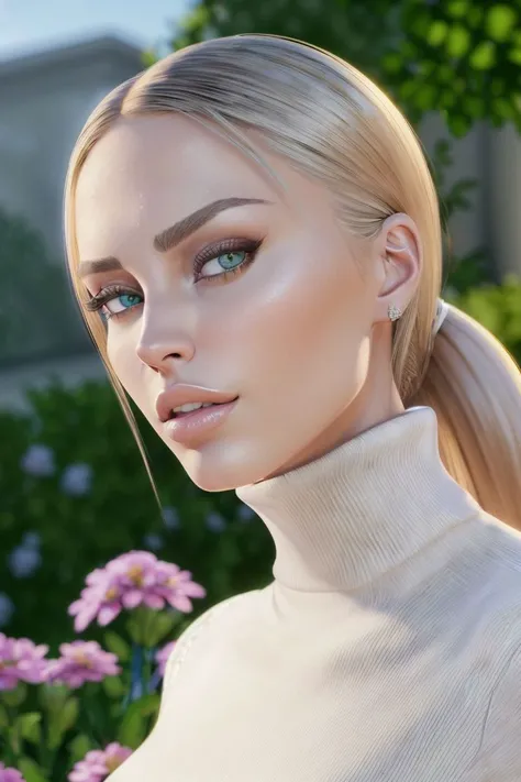 European and American women, A fashion model, Wear a turtleneck top, Glamour, paparazzi taking pictures of her, Blonde hair, Brown eyes, 8K, High quality, Masterpiece, Best quality，k hd, Extremely detailed, voluminetric lighting, Photorealistic