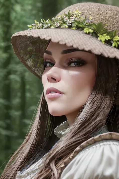 a photo of a stylish S060_Octokuro, in 18th century, in the woods, wearing a (timeless-outfit), (8k, RAW photo, best quality, ultra high res, depth of field:1.1), (absurdres, intricate, photorealistic, masterpiece, ultra-detailed, Unreal Engine:1.3)