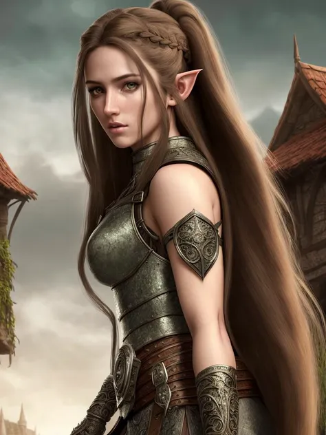 modelshoot style, (extremely detailed 8k wallpaper, Ultrarealistic:1.3),A Professional Full Body Photo, of a (beautiful 20 years old female warrior of Elvish origin with a (very detailed very long hair with an intricate hairstyle:1.3)), Intricate, High Detail, dramatic, photo realistic, HDR, UHD, photography, subsurface scattering, (depth of field:0.3), (full body shot:1.3), full-length portrait, fantasy setting, village background, Style-Normal