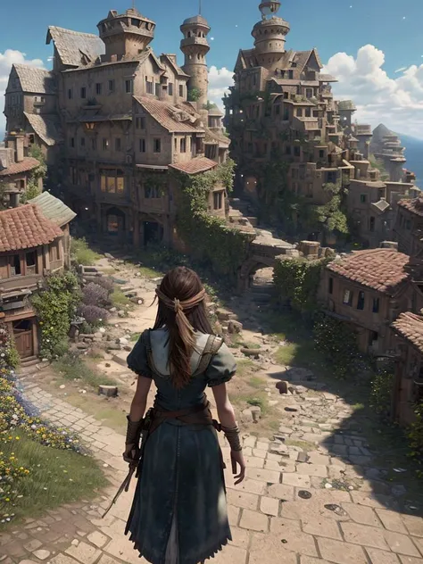 modelshoot style, (extremely detailed 8k wallpaper, Ultrarealistic:1.3),A Professional Full Body Photo, of a (beautiful 20 years old female warrior of Elvish origin with a (very detailed very long hair with an intricate hairstyle:1.3)), Intricate, High Detail, dramatic, photo realistic, HDR, UHD, photography, subsurface scattering, (depth of field:0.3), (full body shot:1.3), full-length portrait, fantasy setting, village background, Style-Renaissance