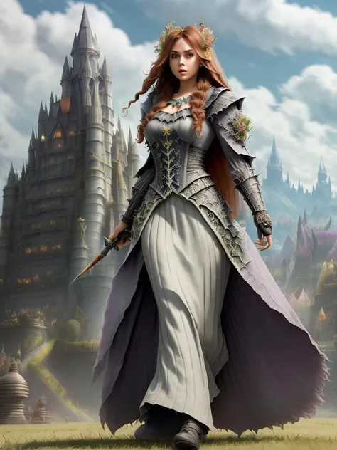 modelshoot style, (extremely detailed 8k wallpaper, Ultrarealistic:1.3),A Professional Full Body Photo, of a (beautiful 20 years old female warrior of Caucasian origin with a (very detailed very long hair with an intricate hairstyle:1.3)), Intricate, High Detail, dramatic, photo realistic, HDR, UHD, photography, subsurface scattering, (depth of field:0.3), (full body shot:1.3), full-length portrait, fantasy setting, village background, Style-Glorious