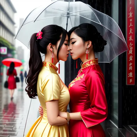 standing, wide angle shot, earring, chinese dress, boob window, high detail, realistic, beautiful background, 2 girls, umbrella, medium breast, earphones, kissing, against the glass, perfect face, face to face, wet, city streets, raining, perfect face, bracelets