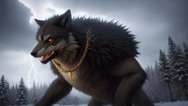 (werewolf:1.2), snow, snowing, (ice), icicles, frozen, chilling, chilled, ominous, horror, creepy, tall, wearing body armor made of human bones, (skull:0.9), (ribcage:1.2), piercings, fur details, fur pattern, (lightning strike), (lightning), storm, cloudy sky, backlighting, forest, nighttime, mist, fog, full moon, detailed claws, glowing, ominous aura Halo, jewelry, necklace, gold chains, (gold spikes), (fangs), smile, snarl, punk, wild hair, chromatic aberration, depth of field, soft lighting, masterpiece, best quality, intricate, tone mapped, highly detailed, artstation, concept art, smooth, sharp focus, dramatic lighting, highly detailed artwork, cinematic, hyper realistic painting, trending on Artstation, 8K, incredible shadows, realistic, (highly detailed background:1.0)