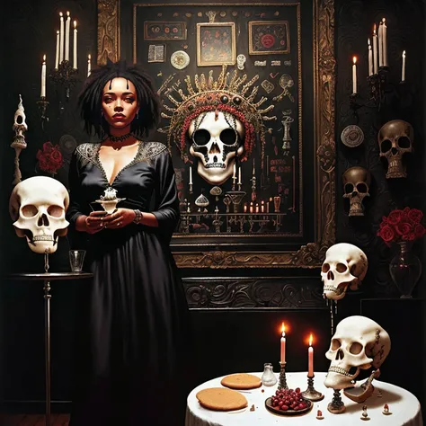 portrait in a female art student's apartment, (symmetric highly detailed eyes, fantastic eyes, intricate eyes:1.1), pancakes, woman holding a brain from inside a painting, berries, octopus, surgical supplies, skull, scientific glassware, art materials, candle dripping white wax, berry juice drips, neo-expressionist style, by Jean-Michel Basquiat, by Jean-Michel Basquiat, and wearing a black silk dress with a design of (bones:1.29), candles, neo-Michel Basquiat, art by jean delville and greg rutkowski