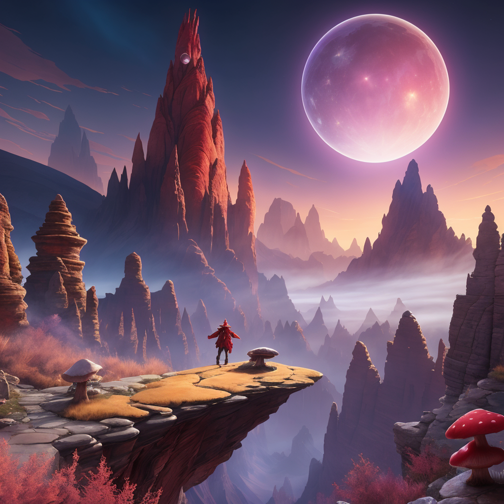 A man standing on a cliff looking at a planet in the distance - SeaArt AI