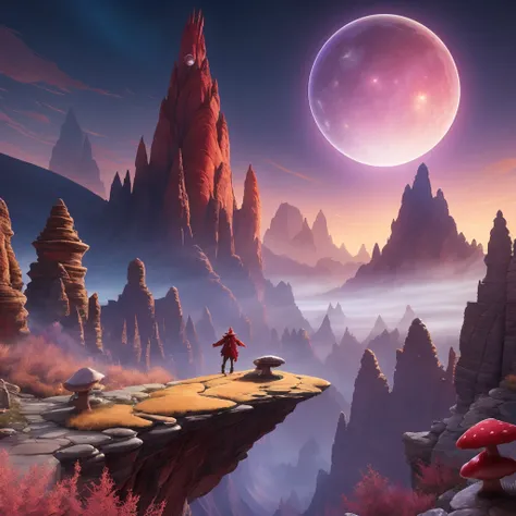 4k, hdr, high quality, Pagoda, beautiful, Arcane wizard, looking away, Crimson Canyon, Mountain range, Mushroom forest,  nigh sky, stars, clouds, fiery sky, space, moon, art by Victor Adame Minguez and Jordan Grimmer