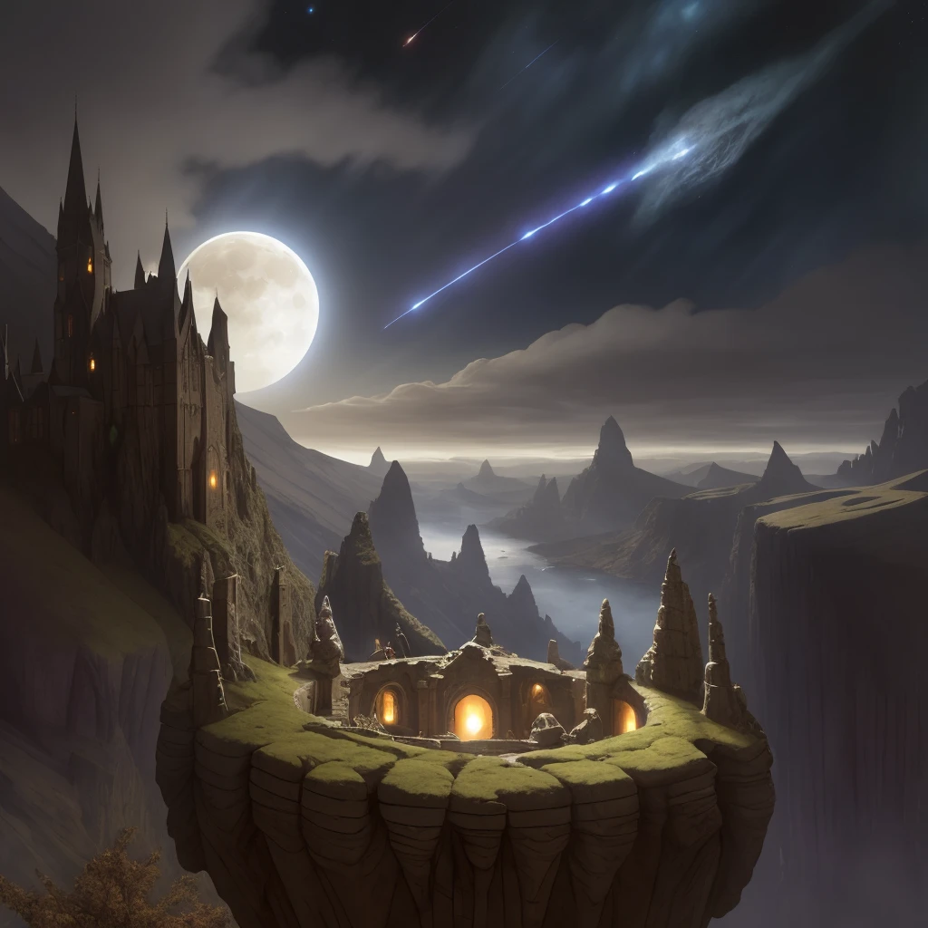 4k, hdr, high quality, Hobbit hole, beautiful, Alien historian, looking away, Majestic Castle, Full moon, Deep sea trench, nigh sky, stars, clouds, fiery sky, space, moon, art by Arthur Hacker and Briton Rivire