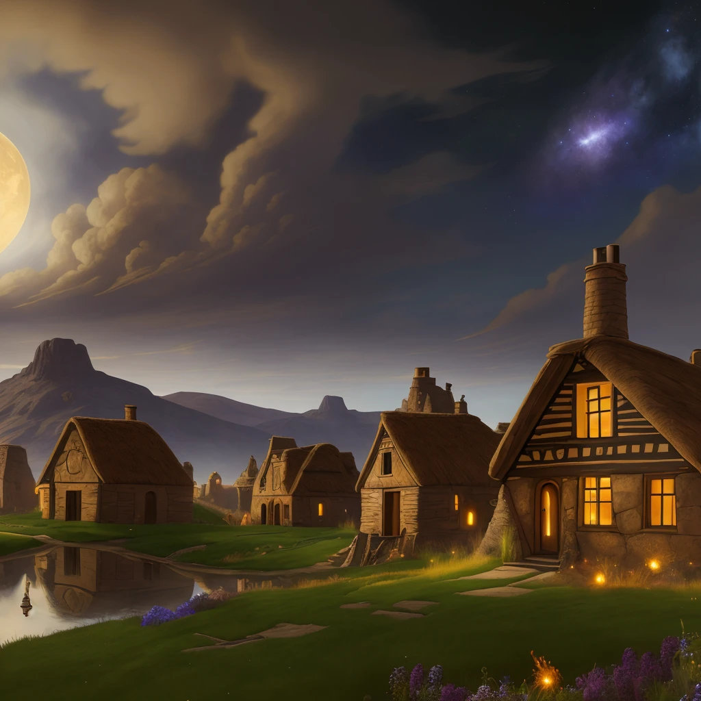 4k, hdr, high quality, Adobe dwelling, beautiful, Ghostly apparition, looking away, Steampunk Cityscape, Peaceful Meadow, swamp, nigh sky, stars, clouds, fiery sky, space, moon, art by Edward John Poynter and Edmund Leighton