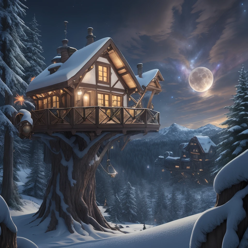 4k, hdr, high quality, Treehouse, beautiful, Mythical hero, looking away, Snow, Caves, Steampunk cityscape, nigh sky, stars, clouds, fiery sky, space, moon, art by Gregory Crewdson and Albrecht Anker