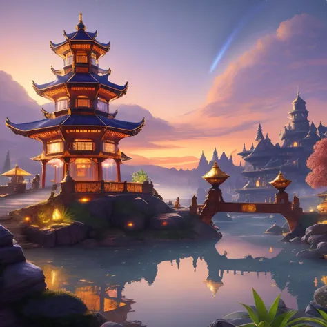 4k, hdr, high quality, Pagoda, beautiful, Cybernetic bodyguard, looking away, Mystical Waterfall, Sandy Oasis, Glacier, nigh sky, stars, clouds, fiery sky, space, moon, art by Lilia Alvarado and Alessandro Allori