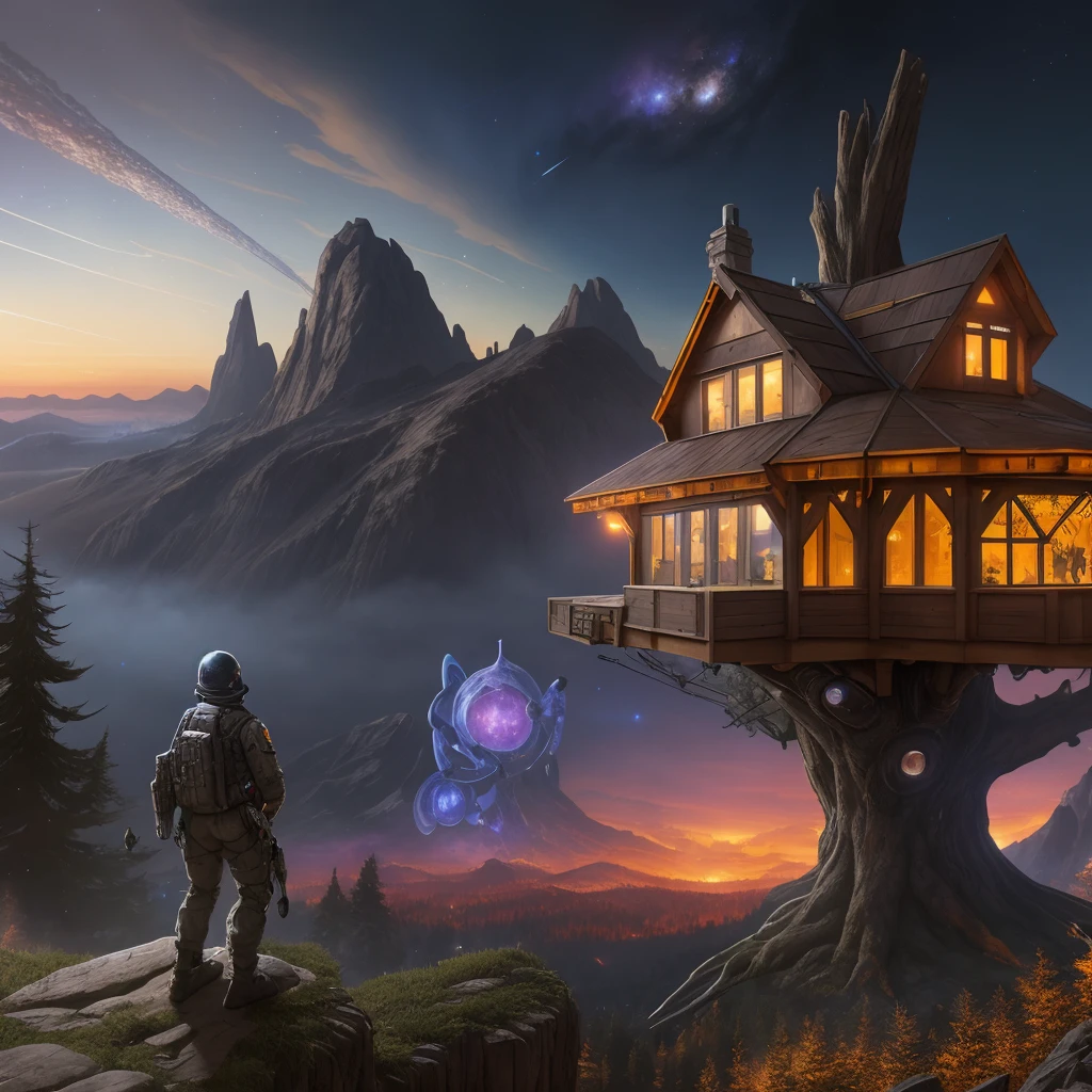 4k, hdr, high quality, Treehouse, beautiful, Cyberpunk saboteur, looking away, Majestic Mountain Vista, Milky Way galaxy, Dystopian cityscape., nigh sky, stars, clouds, fiery sky, space, moon, art by Banksy and Michael Ancher
