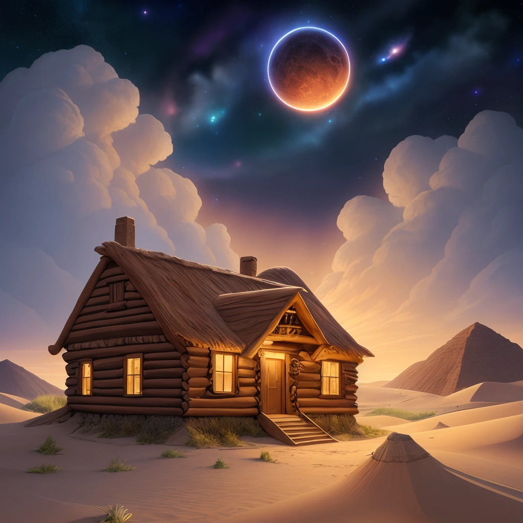 4k, hdr, high quality, Adobe dwelling, beautiful, Mythical beast, looking away, Forest, Tornado, sand dunes, nigh sky, stars, clouds, fiery sky, space, moon, art by Cicely Mary Barker and Ross Tran