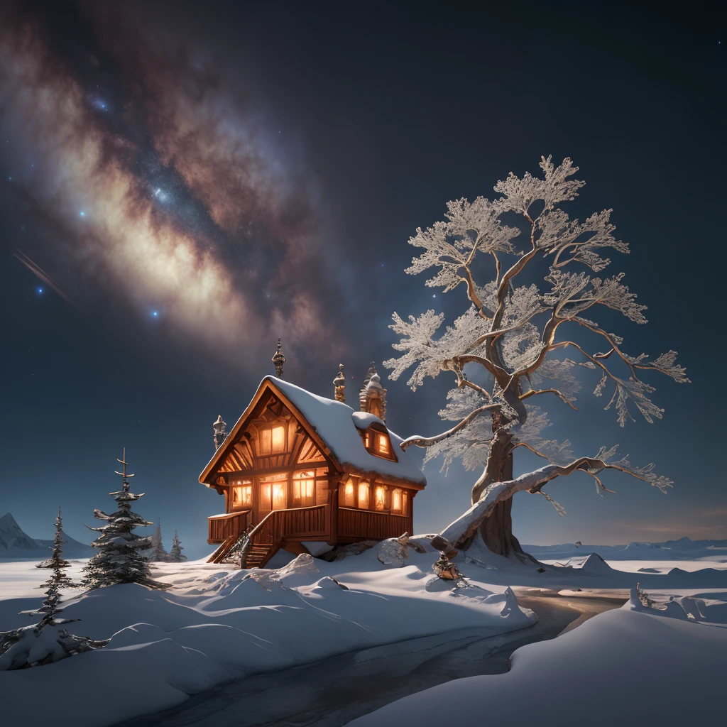 4k, hdr, high quality, Treehouse, beautiful, Space trader, looking away, Sparkling Snowdrifts, Frozen Tundra, Arctic sea ice, nigh sky, stars, clouds, fiery sky, space, moon, art by Jean-Honor Fragonard and Michal Karcz