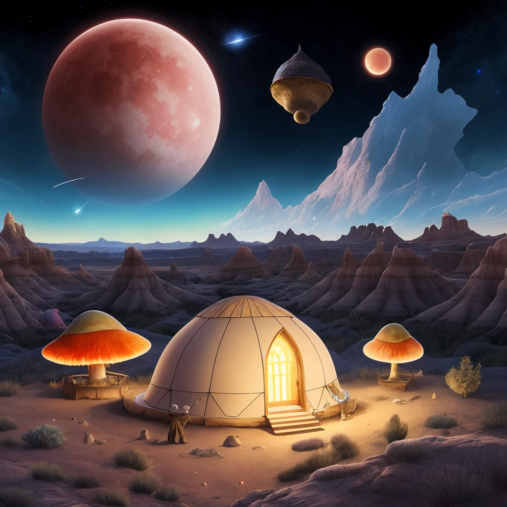 4k, hdr, high quality, Yurt, beautiful, Renaissance alchemist, looking away, Arid Badlands, Whimsical Mushroom Village, Coral reef, nigh sky, stars, clouds, fiery sky, space, moon, art by Italo Calvino and Junji Ito