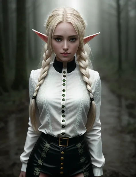 full body, blond hair twintails, (25 years old:1.2), (elf:1.1) ,(intricate details,:1.1), quiver on back,  professional light, small tits, (skinny:1.2), forest, (rain;1.2), puddles, mud, detail face, detail backgrounds little blur, reflection from wet, correct shadows, HDR, photo realistic, photo in gloomy shades, ((((cinematic look)))), soothing tones, insane details, hyperdetailed, low contrast, soft cinematic light, wet skin