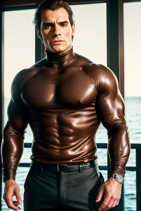 Cinematic film still from james bond, full body, of (("Henry Cavill")), (light skin), looking at viewer, (wearing skintight (turtleneck sweater), (uniform trousers)), (covered nipples:1.2), seductive look, toned abs, hard nipples, ((detailed facial features)), alluring brown eyes, (wet clothes),(wet, detailed skin), long wavy hair, (ocean base:1.2), damp, moist, intricate details, shallow depth of field, cinematic lighting, reflections, photographed on a Leica 10772 M-P, 50mm lens, F/2.8, HDR, 8k resolution,