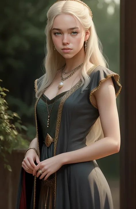 ((pale skin)),  ((pearl skin)), rhaenyra_young, (((young))), (((teenage))), (((full body))), (((gray hair))), portrait of ((stunningly attractive)) a sexy woman((perfect feminine face)), intricate, 8k, highly detailed, (extremely detailed CG unity 8k wallpaper),  ((square jaw)), (well defined jaw), (downturned lips), (detailed anatomy), Hyperrealistic full shot body image, trending on CGSociety, Intricate, High Detail, Sharp focus, dramatic, volumetric lighting, digital painting, intense, modelshoot style, (extremely detailed CG unity 8k wallpaper), full shot body photo of the most beautiful artwork in the world, english medieval witch, green vale, pearl skin, diamonds, medieval architecture, professional majestic oil painting by Ed Blinkey, Atey Ghailan, Studio Ghibli, by Jeremy Mann, Greg Manchess, Antonio Moro, trending on ArtStation, trending on CGSociety, Intricate, High Detail, Sharp focus, dramatic, photorealistic painting art by midjourney and greg Rutkowski