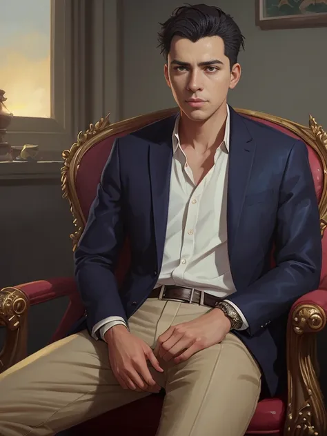 Beautifully realistic portrait of a young adult male sitting on a throne, hades style, hyperrealism, ethereal, cel shading , style of darkest dungeon((detailed face and eyes)), (well defined face, 1boy, male focus:1.3 ), anime style, heart professional majestic oil painting by Ed Blinkey, Atey Ghailan, Studio Ghibli, by Jeremy Mann, Greg Manchess, Antonio Moro, trending on ArtStation, trending on CGSociety, Intricate, High Detail, Sharp focus, dramatic, photorealistic painting art by midjourney and greg rutkowski heart professional majestic oil painting by Ed Blinkey, Atey Ghailan, Studio Ghibli