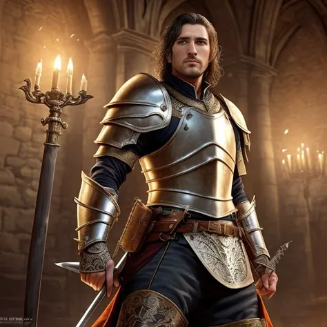 timeless style, analog style, close-up, Masterpiece, best quality, (realistic), (handsome,sexy,hot old male kight)s tanding  in a church,kight helmet, shiny skin, soft lighting, ((bodycon) traditonal western medieval armor, meddle ages,scale armor, knight armor, (fabric with intricate pattern:1.2), (absurdres:1.05), (ultra-detailed:1.05), (1man:1.1), cowboy shot, (holding polearm:1.3), (spear:1.3), (fighting stance:1.3), hanfu, looking at viewer, serious, detailed black hair, detailed black eyes, armored shoulders, (sliver armored dress:1.1), (tiger pattern shoulder armor:1.3), armored headband, armored dress, armored gloves, gorget, flames of war, detailed background, depth of field, outdoors, (blood on body,  scars on face,scars on body, bare legs:1.2), ((backlighting)), ((bloom)), [light sparkles], ((chromatic aberration)), sharp focus, magic, fantasy knight, medieval, dnd, holy, (perspective:1.1), (from below:1.1), (golden dragon robe:1.1),  (in the style of Dungeons & Dragons and Lord of the Rings:1.2),male nipples, navel, navel hair, golden silk, (manly, mature, male focus,1man),(powerful:1.2),(well defined face, gentleman:1.3 ),focus on male, well defined face:1.3 ), real human skin, (insanely detailed, emperor:1.5), gentle, history, rpg game, fantasy, full body,the most beautiful artwork in the world, 1man, solo, big eyes, looking at viewer,beautiful detailed eyes, foucus on legs, sparkling eyes,epic composition,vary, unparalleled masterpiece, perfect artwork, ((perfect male figure)), narrow waist,high sharpness,((detailed face and eyes)), Masterpiece, best quality
