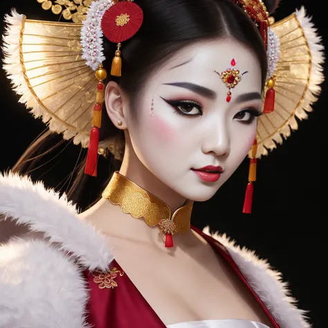 A cinematic film still, of (beautiful elegant traditional Chinese dancer), clothed, (wearing traditional Chinese dress),  (white face paint), (black eyeliner), (small breast), on dim lit stage, volumetric fog, ((detailed skin textures)), shallow depth of field, cinematic lighting, subsurface scattering, photographed on Sony a9 II, 35mm lens, (highly detailed:1.2), (sharp focus), (dull background colors, vivid foreground colors), Award-winning photograph