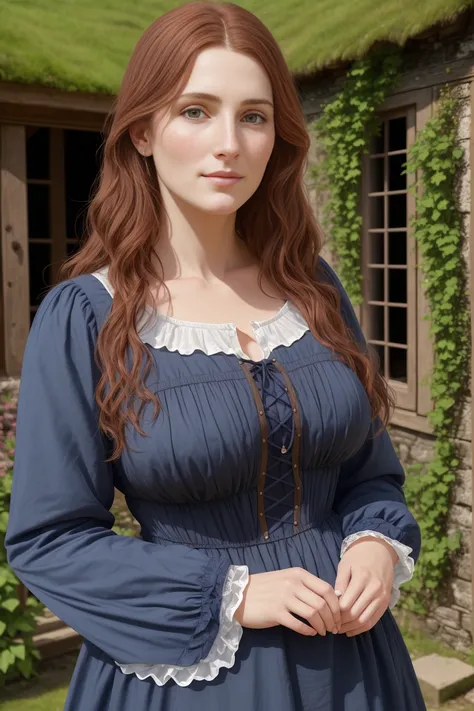 (A professional high quality pre-Raphaelite painting), (((high quality, 4k, realistic anatomy, realistic face, high detailed skin))), 35 years old England woman, medieval period farmer, modest clothing, (((visible pores))), (((center of frame))), (((beautiful compositions))), (((professional compositions))), (((elegant compositions))), ((long skirt)), ((front shot)), (((facing the viewers))), (((focus on the face))), (((detailed face))), (((detailed face anatomy))), (((look at camera))), (((look at viewer))), (sunlight lighting), (3d), raw Nikon photo, Fujifilm xt3, background is inside old cottage house, safe for work,