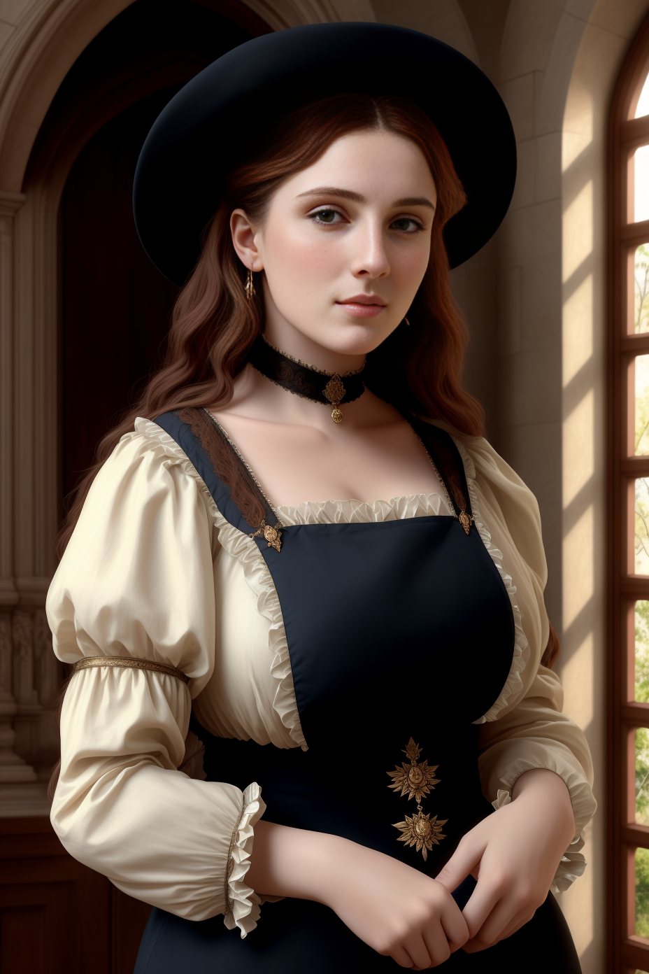 A close up of a woman in a black dress and hat - SeaArt AI