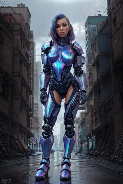 <lora:hairstyle-half_buzzcut:0.8> <lora:epi_noiseoffset2:1> (sexy cyberpunk diva:1.1), (iridescent armored cybernetic arms:1.6), (armored cybernetic legs:1.6), (half body shot:1.4), (perfect face:1.4), (beautiful eyes:1.2), turned away looking over shoulder, sleek cyberpunk fashion, black pants, half_buzzcut_hairstyle, iridescent hair, rainy city streets, reflections on wet pavement, mysterious aura, moody lighting, golden ratio, leading lines, cinematic composition, by (Masamune Shirow)