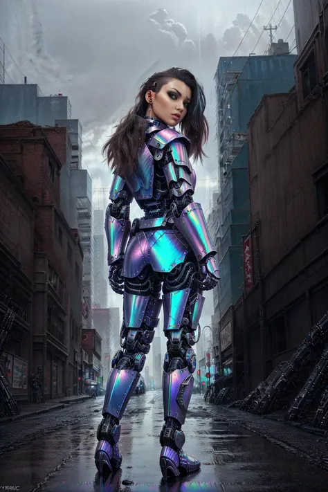 <lora:hairstyle-half_buzzcut:0.8> <lora:epi_noiseoffset2:1> (sexy cyberpunk diva:1.1), (iridescent armored cybernetic arms:1.6), (armored cybernetic legs:1.6), (half body shot:1.4), (perfect face:1.4), (beautiful eyes:1.2), turned away looking over shoulder, sleek cyberpunk fashion, black pants, half_buzzcut_hairstyle, iridescent hair, rainy city streets, reflections on wet pavement, mysterious aura, moody lighting, golden ratio, leading lines, cinematic composition, by (Masamune Shirow)