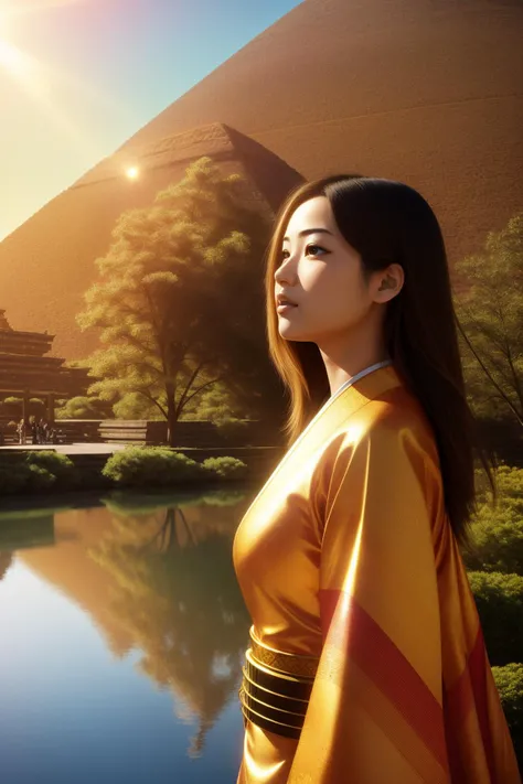 1girl, masterpiece 3d blender render, Golden ratio, side-profile of a traditional Japanese ([Forest|The Pyramids of Teotihuacan]:1.3) , it is very Saturated and Hyper-Creative, it is with deep purple print, it is forged by BMW, spring background, dense pond and Galaxy in background, Sunny, equirectangular 360, (designed by Jean Arp:1.1) , (Ayako Ishiguro:0.9) , (Jean Delville:0.7) , Joyful, Hispanicore, Sunlight, telephoto lens, Hypersaturated, concept art, matte, trending on artstation, Highres, classic, vibrant