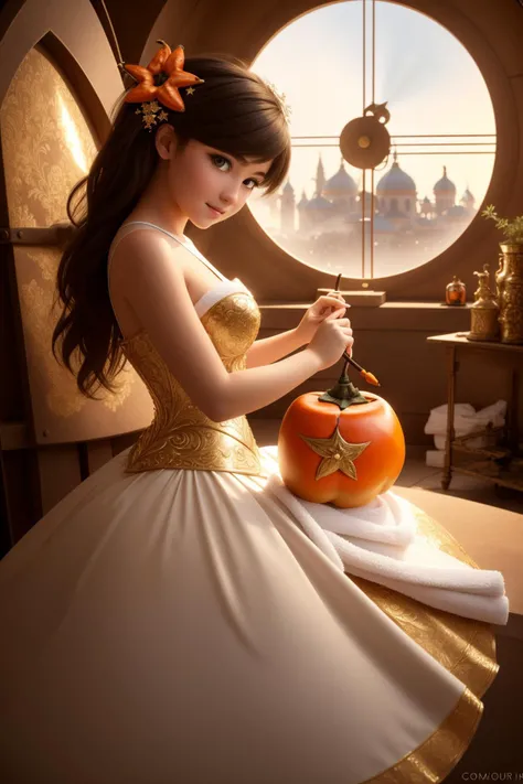 1girl, 8k Spray paint style, award winning, 3/4 view of a Original Burning Georgian ([Camellia:Persimmon:4] of Cleansing:1.3) , it is sleek, it is engraved with Floral and Glam patterns, stylized, from inside of a Mecha-Workshop, Fascinating flora and Shooting star in background, Hurricane, Very wide view, Rough sketch, Fairy-Tale, intricate background, Romanesque, spotlit, Selective focus, CineColor, cute and charming, underpainting, HDR, professional