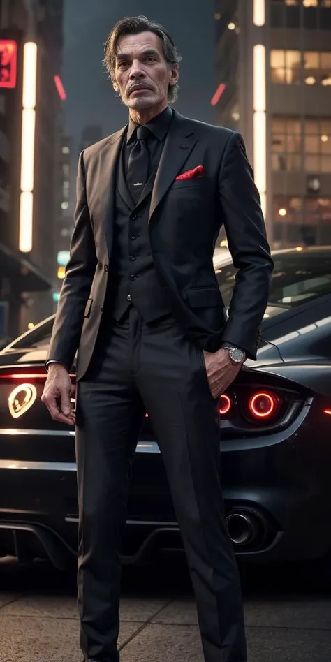 Masterpiece, 4k, 3/4 view, full body, photo-portrait of (DnRamon_2000:1.0), light smile, classy,futuristic suit, , looking at viewer, elegant pose, good anatomy, detailed face, detailed hands, detailed eyes, volumetric lighting, soft light, deep shadows, Leica M10, strett photography, cyberpunk background, showing his ferrari,