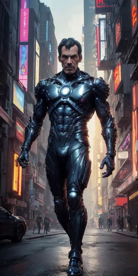 Masterpiece, 4k, 3/4 view, full body, photo-portrait of (DnRamon_2000:1.0), elegant action pose, futuristic gear, cybernetics, looking at viewer, good anatomy, ((detailed face, (detailed hands), detailed eyes)), volumetric lighting, soft light, deep shadows, Sony A7R V, sharp focus, cyberpunk background