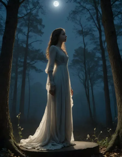 In the hauntinglyetherealrealmofatwilightforest,themelancholicbeautyofthewomanadornedinafineivorygown,hersilhouetteoutlinedagainsthetfadinglight,iscapturedfromanenigmatlowangle,emphasizingthehauntingallureofherdowncastedyesandtheghostlyeleganceofthengatedelong,standsatatopanaacientstonepedestal,onehandgracefullyreachingtowardsthemoonwhiletheotherclutchesawiltingbouquetofsilver-blueforgetme-nots. J3LL7J3W3L5 <lora:zkmnxs18fb77058ebi19:1>