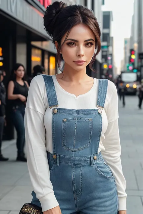 photo of beautiful (jims4nchez-130:0.99), a woman with beautiful hair, hair upsweep updo, as a movie star in a (movie premiere), premiere gala, (near a movie theatre), natural skin texture, (elegant denim overalls), (long sleeve white top), 24mm, 4k textures, soft cinematic light, adobe lightroom, photolab, hdr, intricate, elegant, highly detailed, sharp focus, ((((cinematic look)))), soothing tones, insane details, intricate details, hyperdetailed, low contrast, soft cinematic light, exposure blend, hdr, faded, (paparazzi in background), (painted lips:1.1), ((looking straight at the camera:1.1))