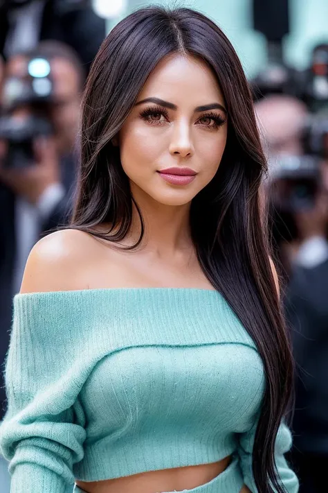 photo of beautiful (jims4nchez-130:0.99), a woman with beautiful hair, hair upsweep updo, as a movie star in a (movie premiere), premiere gala, (near a movie theatre), natural skin texture, (elegant turquoise sweater off-shoulder), (suspenders:1.1), trousers, 24mm, 4k textures, soft cinematic light, adobe lightroom, photolab, hdr, intricate, elegant, highly detailed, sharp focus, ((((cinematic look)))), soothing tones, insane details, intricate details, hyperdetailed, low contrast, soft cinematic light, exposure blend, hdr, faded, (paparazzi in background), (painted lips:1.1), ((looking straight at the camera:1.1)), (perfect waist)