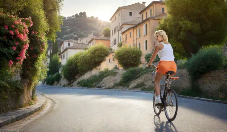 exterior, scenic photograph of one 18 years old girl on a bike in italy, whole figure, in motion, ((bicycle)), ((small breasts)), white sleeveless tshirt, pale orange skirt, snickers, background, steep ((paved street)) in town in Italy, scenery, historic, outdoors, park, ((garden)), ((flowers)), ((sunset)), short blond hair, Pixie Cut aircut, ((sky)), award-winning, professional, highly detailed, eye-catching, ligth depth of field, vignette, epic, gorgeous, architecture, film grain, grainy <lora:hair_style:0.7> <lora:FF.101.juggernautXL_version6Rundiffusion.LORA:0.0> <lora:HDRv1:0.5> <lora:Nature SDXL:0.8> realistic <lora:WDR_Scenery_all-inclusive:0.6>