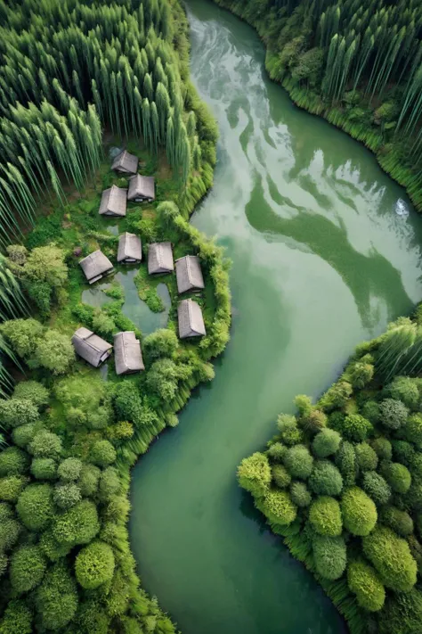 (aerial photograph:1.5),landscape photography shot with DJI Mavic Air 2 with Built-in 24mm f-2.8, realistic,<lora:nat:1>,
A paradise,like a pure land forgotten by the world. There,green mountains and water,flowing water,as if you can hear the heartbeat of nature at any time. The tall pine trees stand tall and straight into the clouds,the dense bamboo forest shakes gently,and the picturesque scenery makes people enchanted. A small stream meandered past. The water was crystal clear,its ripples shining faintly. Scattered among them are several quaint cottages,each revealing the vicissitudes and tranquility of the years. Birds and flowers,four seasons like spring,let a person like a fairyland. In this paradise,time seems to stand still,everything is immersed in peace and tranquility,let people away from the disturbance and noise. Walking in it,it seems to be able to wash the dust of the soul and find inner peace and peace. This is a pure and flawless world,as if it is a beautiful gift given by nature to human beings,its existence makes people sigh the beauty of nature,and feel the peace and beauty of life,