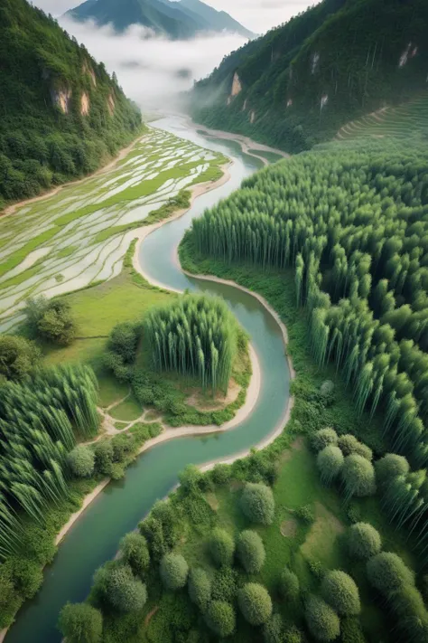 (aerial photograph:1.5),landscape photography shot with DJI Mavic Air 2 with Built-in 24mm f-2.8, realistic,<lora:nat:1>,
A paradise,like a pure land forgotten by the world. There,green mountains and water,flowing water,as if you can hear the heartbeat of nature at any time. The tall pine trees stand tall and straight into the clouds,the dense bamboo forest shakes gently,and the picturesque scenery makes people enchanted. A small stream meandered past. The water was crystal clear,its ripples shining faintly. Scattered among them are several quaint cottages,each revealing the vicissitudes and tranquility of the years. Birds and flowers,four seasons like spring,let a person like a fairyland. In this paradise,time seems to stand still,everything is immersed in peace and tranquility,let people away from the disturbance and noise. Walking in it,it seems to be able to wash the dust of the soul and find inner peace and peace. This is a pure and flawless world,as if it is a beautiful gift given by nature to human beings,its existence makes people sigh the beauty of nature,and feel the peace and beauty of life,