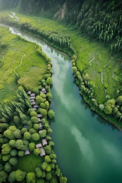 (aerial photograph:1.5),landscape photography shot with DJI Mavic Air 2 with Built-in 24mm f-2.8, realistic,<lora:nat:1>,
A paradise,like a pure land forgotten by the world. There,green mountains and water,flowing water,as if you can hear the heartbeat of nature at any time. The tall pine trees stand tall and straight into the clouds,the dense bamboo forest shakes gently,and the picturesque scenery makes people enchanted. A small stream meandered past. The water was crystal clear,its ripples shining faintly. Scattered among them are several quaint cottages,each revealing the vicissitudes and tranquility of the years. Birds and flowers,four seasons like spring,let a person like a fairyland. In this paradise,time seems to stand still,everything is immersed in peace and tranquility,let people away from the disturbance and noise. Walking in it,it seems to be able to wash the dust of the soul and find inner peace and peace. This is a pure and flawless world,as if it is a beautiful gift given by nature to human beings,its existence makes people sigh the beauty of nature,and feel the peace and beauty of life,