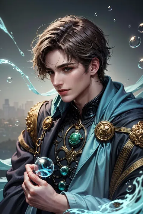 (Absurdres, Intricate Details, Masterpiece, Best Quality, High Resolution, 8k), (1man), (male:1.2), old, aged up, masked face, chiseled jawline, finely detailed eyes and face, thin body, physique exudes strength and power, sienna skin, finely detail eyes and face, green side part hair, dark brown eyes, walrus mustache, grateful, (style-swirlmagic:0.8), solo, half shot, looking at viewer, detailed background, detailed face, (<lora:GlowingRunesAIV3:0.6>, GlowingRunesAI_paleblue, glowing runes theme:1.1), bubble-mage, smiling, walking, Lilac sorcerer robes, surrounded by bubbles, floating orbs, large bubbles, wisps of magic, vortex, floating particles, transclucent, radiant, bubbles in background, intricate patterns, fog, jovial magical atmosphere,, exact, Depth of Field, VFX, Realistic, <lora:PrismaLoraStyle:0.8>