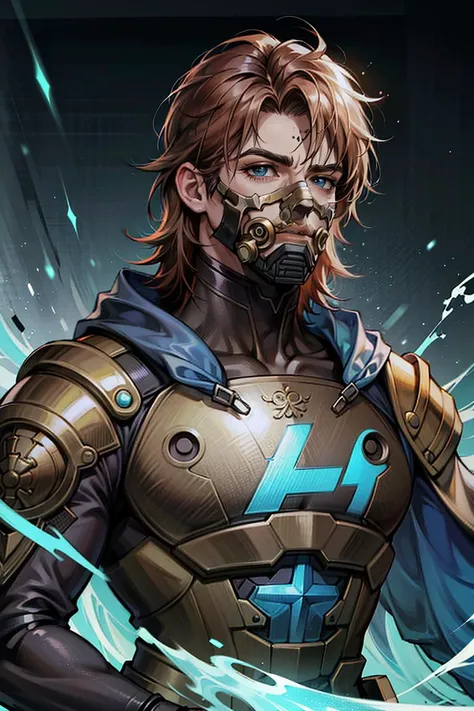 (Absurdres, Intricate Details, Masterpiece, Best Quality, High Resolution, 8k), (1man), (male:1.2), mature, defined cheekbones and jawline, finely detailed eyes and face, thin body, stylish and well-fitting clothing, sun-kissed skin, finely detail eyes and face, brunette faux hawk hair, light blue eyes, Fu Manchu mustache, humiliated, portrait, (bloody scars:0.7), looking at viewer, solo, (full body:0.6), detailed background, close up, detailed face, futuristic copper armor, thick bulky armor, rectangular pattern, cape, modules, cybernetics, high-tech (gas:0.6) (mask:0.9), dynamic pose, epic galactic futuristic city in background, yellow lights, sparks, electricity, hologram, cinematic atmosphere,, stately, Depth of Field, VFX, Realistic, <lora:PrismaLoraStyle:0.8>